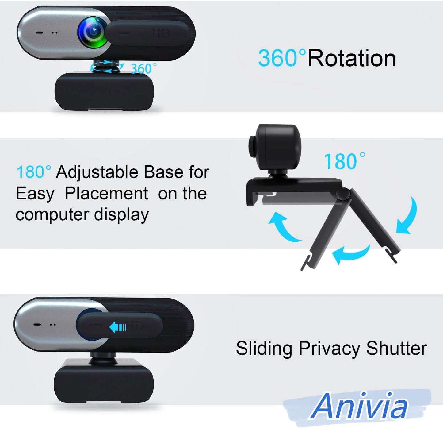 Anivia 1080P PC/Mac/Macbook/Tablet-1 Webcam with Privacy Slide Cover for PC, Web cam for Laptop Computer Camera
