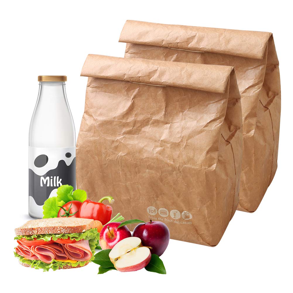 Hangnuo 2 Pack Insulated Brown Paper Lunch Bags Reusable, Retro Lunch Sacks for Adults Work Office, Brown Paper - 7.8 x 5.9 x 11.8 inches