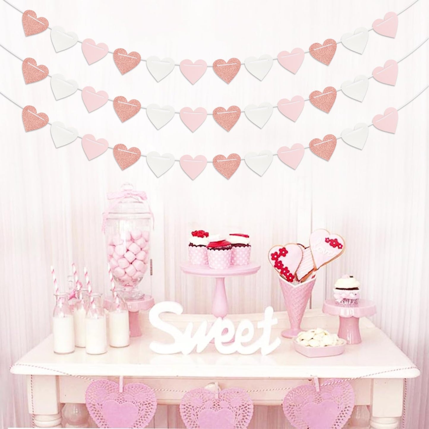 Rose-Gold Light Pink-White Party-Decorations Heart-Garland - 40ft Valentines Glitter Streamers Banner,Galentines Women Romantic Special Night Wedding Bachelorette Birthday Backdrop Decor Burgleda