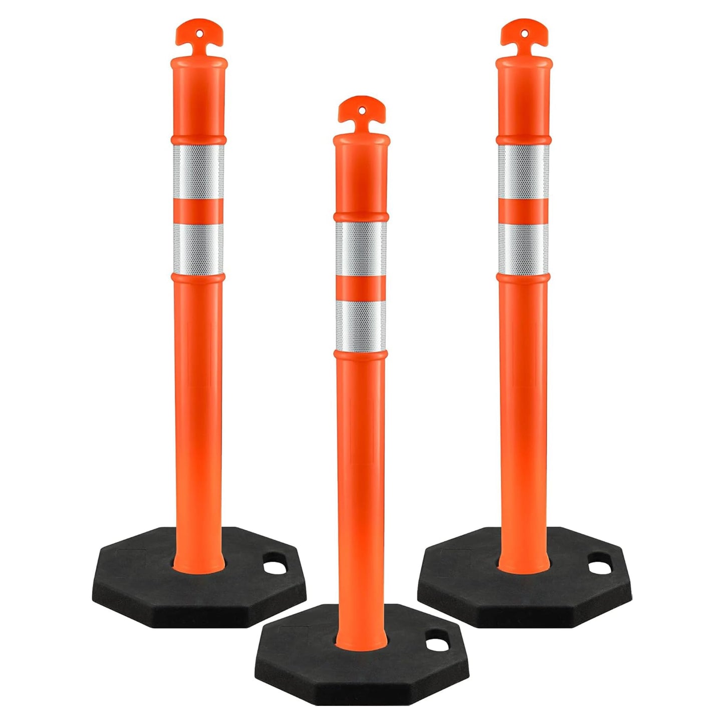 Xpose Safety 45" Orange Delineator Posts with Base, 3-Pack – T Top, 10" Reflective Band, 13 lb Rubber Base – Traffic, Parking, Construction, Events