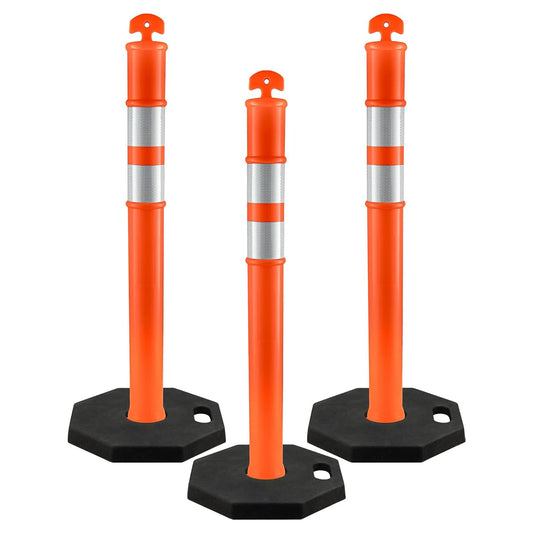 Xpose Safety 45" Orange Delineator Posts with Base, 3-Pack – T Top, 10" Reflective Band, 13 lb Rubber Base – Traffic, Parking, Construction, Events