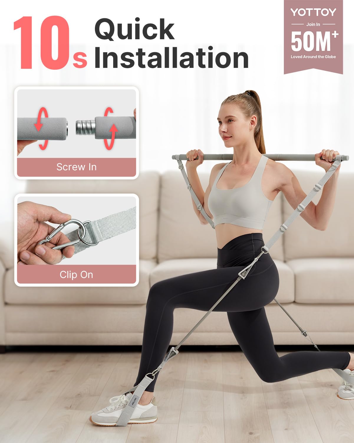 YOTTOY Pilates Bar Kit with Resistance Bands - 3-Bar Pilates Workout Equipment for Legs, Hips, Waist & Arms Workout, Portable Home Gym Exercise Equipment for Women & Men (Gray, 20/30lbs)