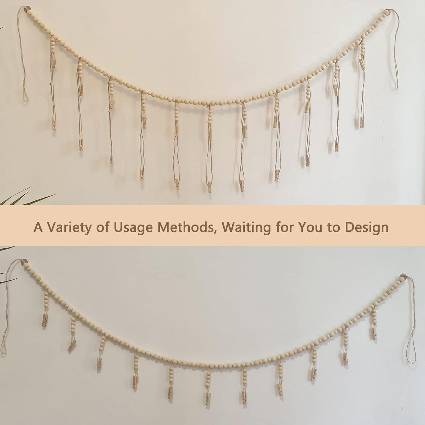 Wooden Bead Garland Photo Display by [Brand Name] - Boho Style Hanging Collage with 22 Clips for Dorms & Bedrooms