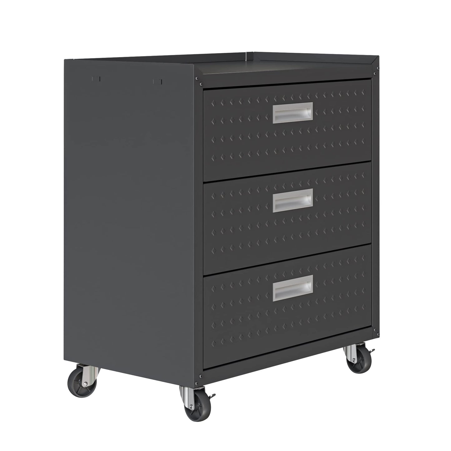 Manhattan Comfort Fortress 31.5-Inch Rolling Garage Tool Chest, 3-Drawer Lockable Mobile Storage Cabinet, Diamond-Textured Steel Utility Organizer with Wheels for Basement, Workshop in Charcoal Grey