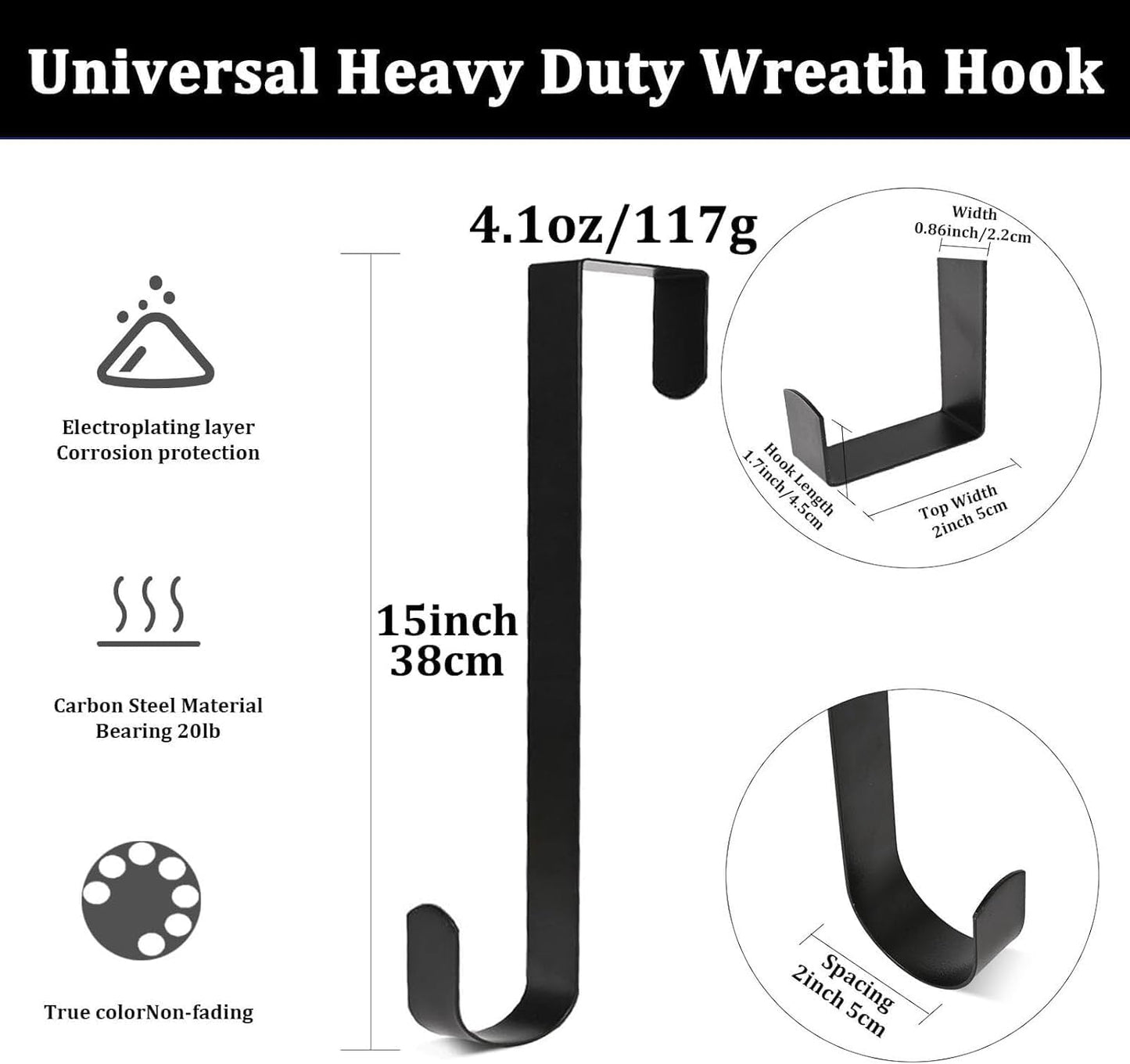Regine Switzerland Adjustable Black Wreath Hanger - Durable Carbon Steel Door Hook for 15” Wreaths