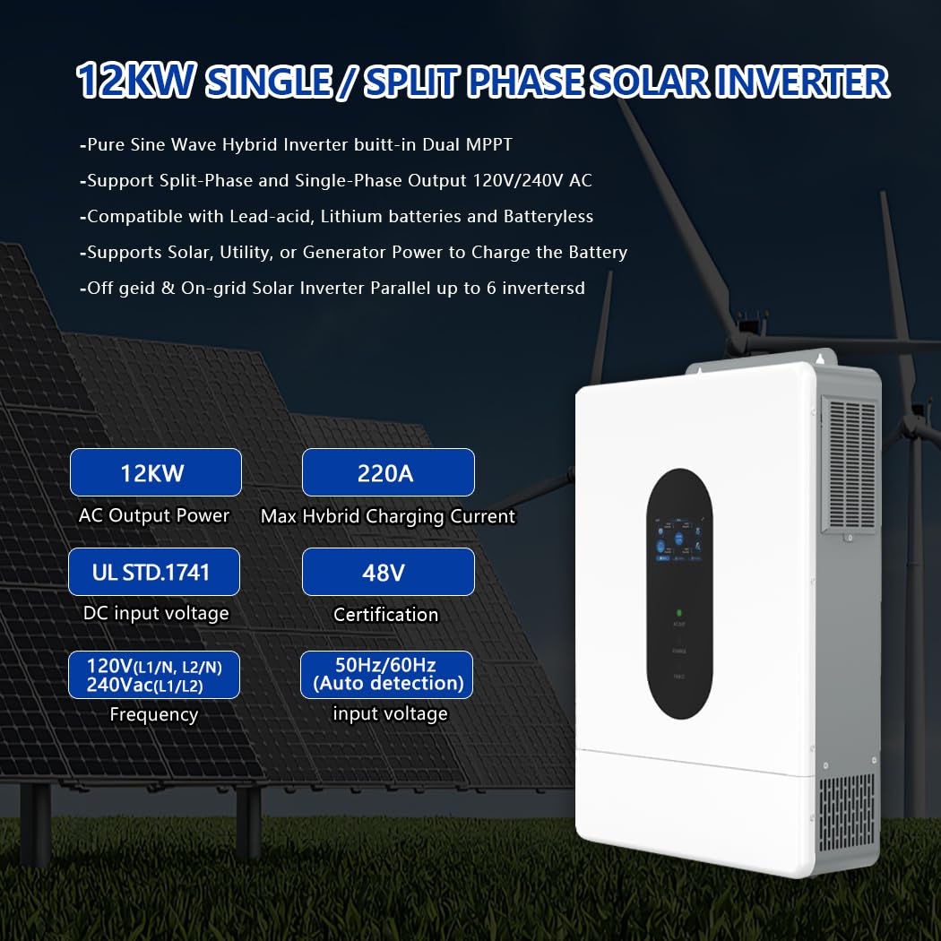 Y&H 12kW Hybrid Solar Inverter DC 48V to AC120V/240V, UL1741, Split Phase Output, with 220A MPPT 99.9% Efficiency, Parallel Support 6 Units, for Battery-Free Operation and Lead-Acid/Lithium Battery