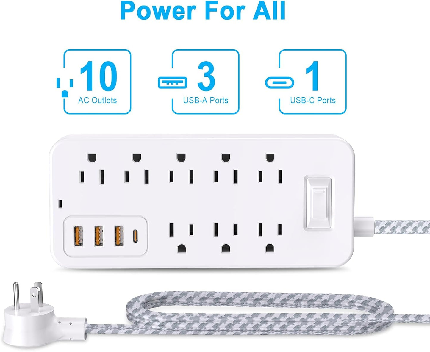 Roopersnake 8 4 Ports(1 Bluetooth Portable Speakers Extension Cord Surge Protector Power Strip - Flat Plug Braided