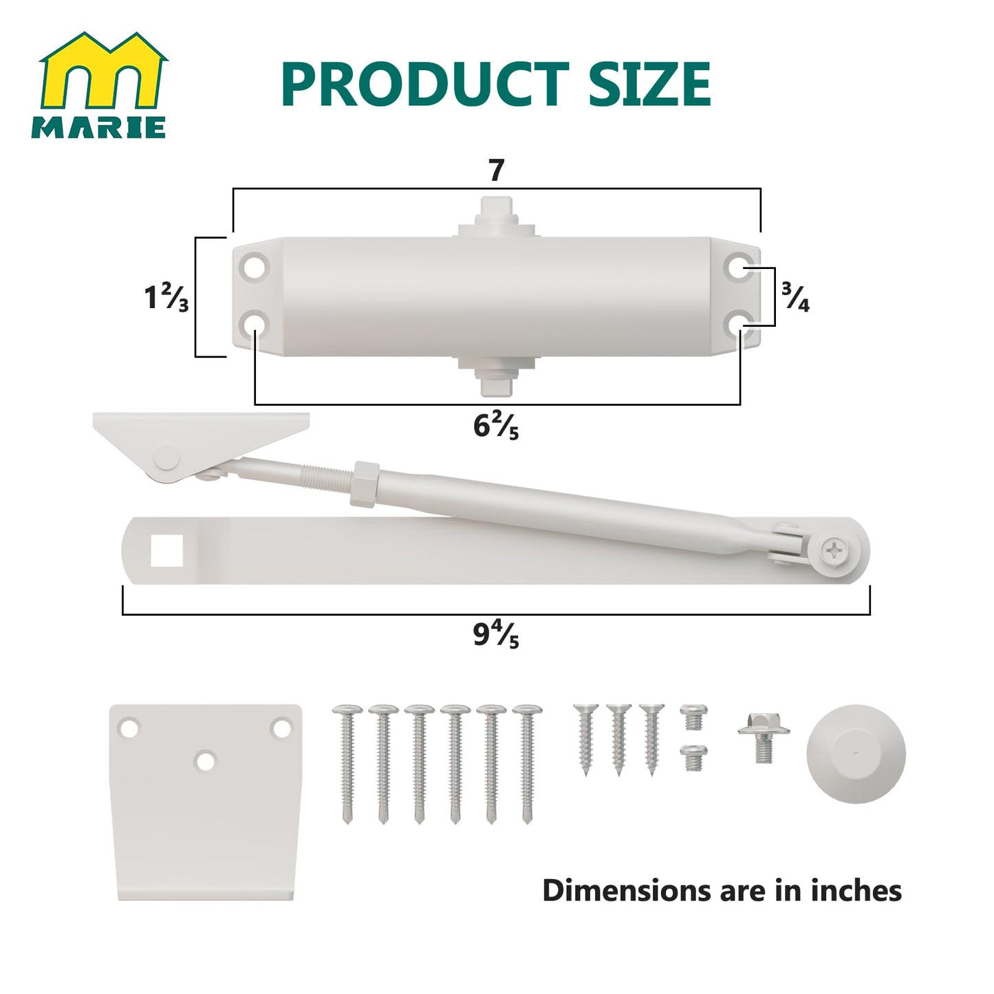Marie Door Closer for Residential and Commercial Doors,Size 3 Adjustable Automatic Door Closer for Home Use (White)