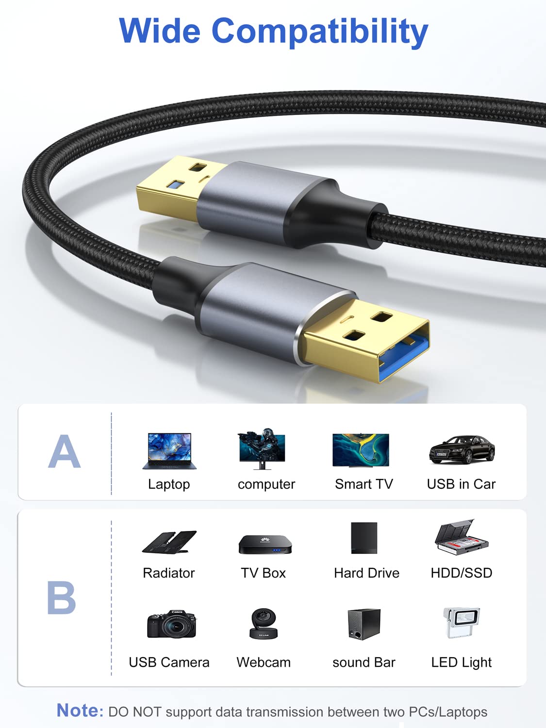ApoJodly 3.0 1FT 2-Pack, USB Cable Short USB A Male to Male Cord Double Sided Cable Compatible with Hard Drive, Laptop