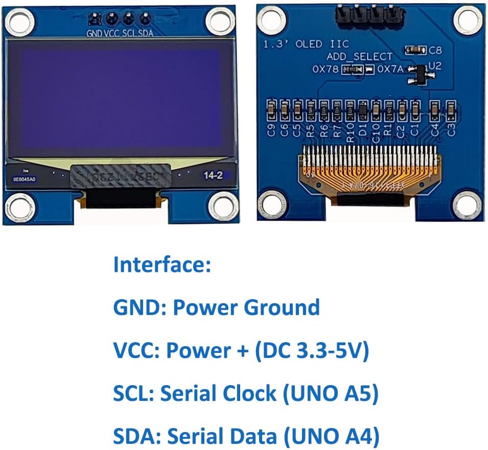Haldzemo 1.3 inch I2C 128x64 H1106 12864 (2 Pack, OLED Display Module IIC LCD Screen S Compatible Arduino Blue)