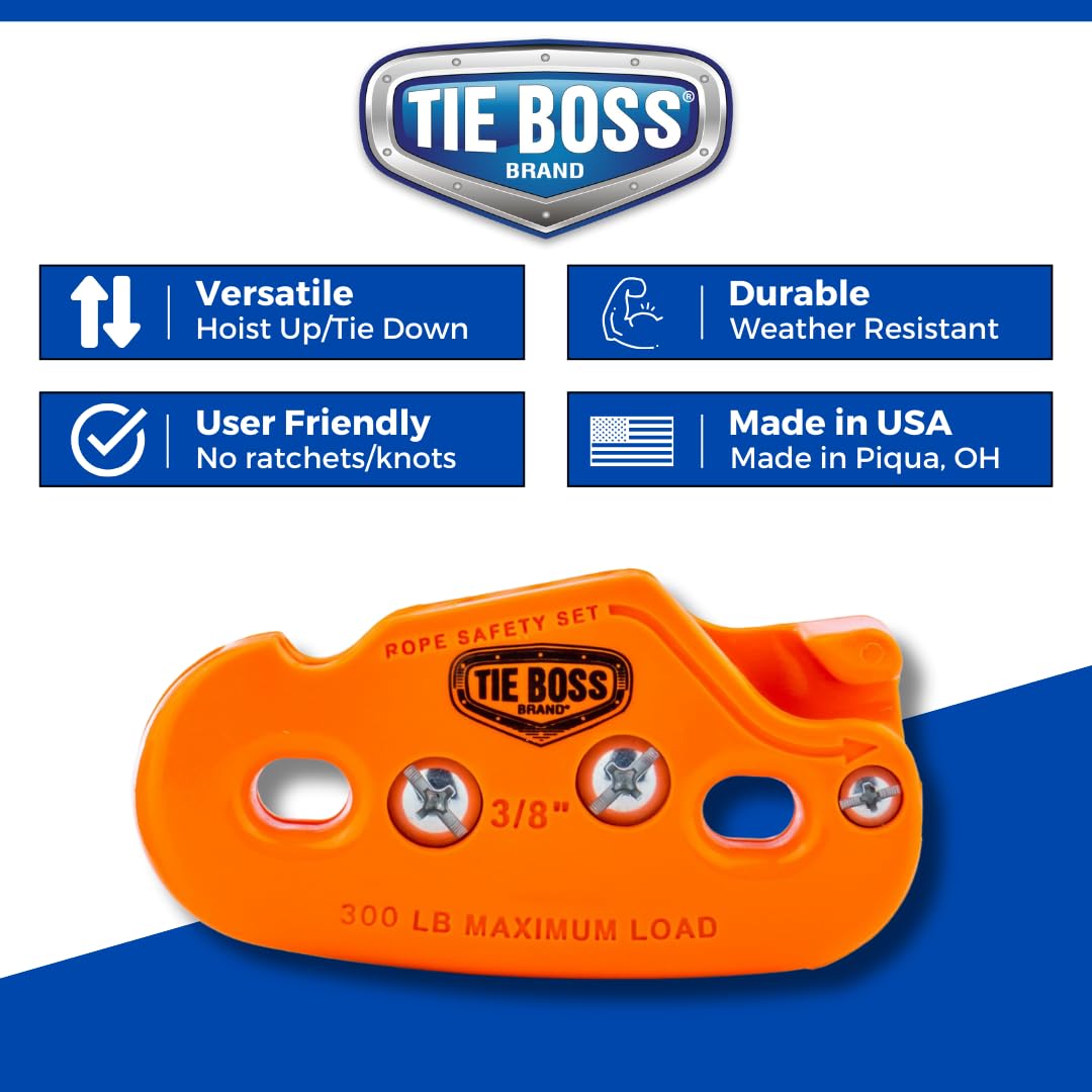 Tie Boss - 3/8 Inch, Heavy Duty, (300 lbs Working Load Limit), Weather Resistant, Tie Down, Rope Tightening System, (w/15 ft Rope) - Orange