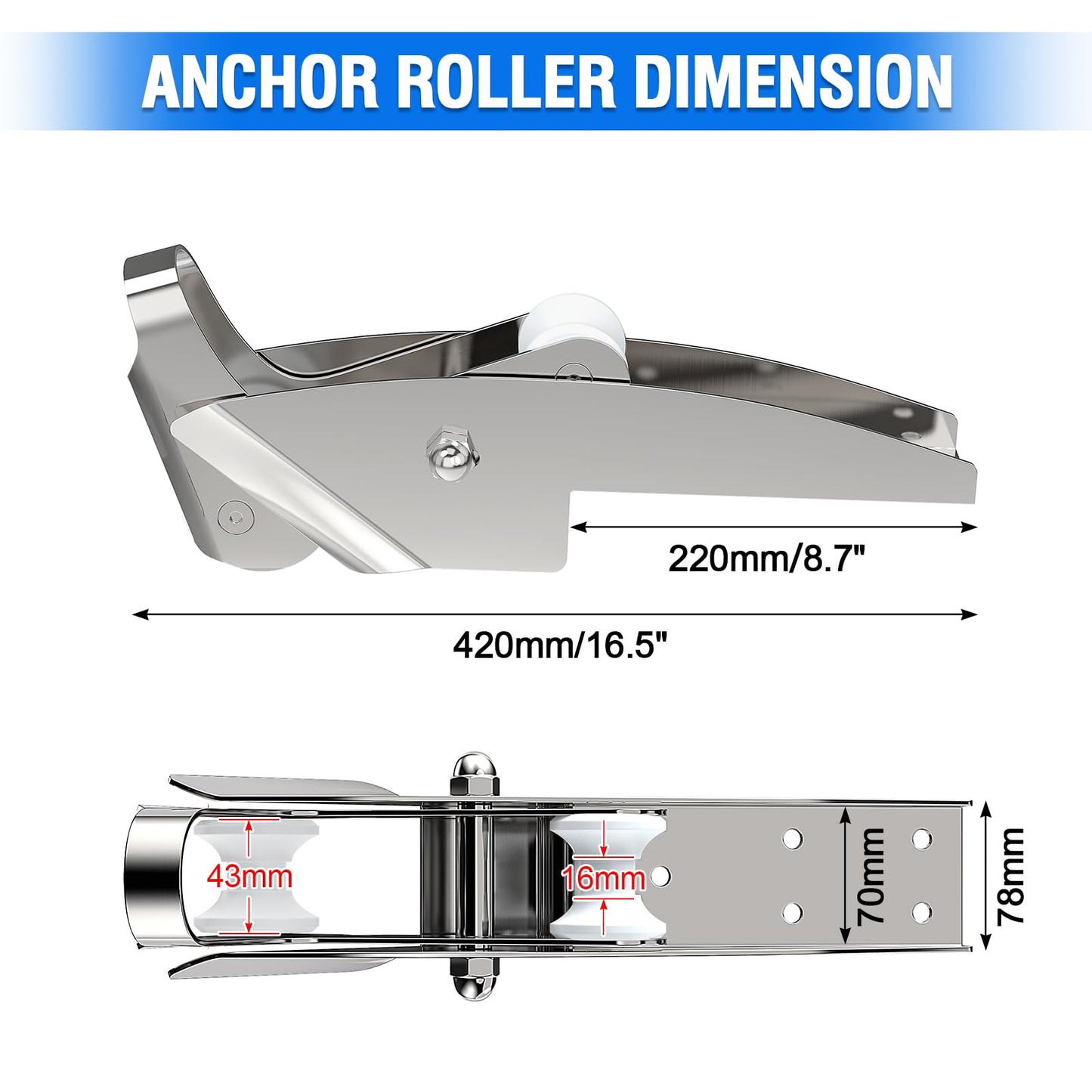 FUCNEN Bow Anchor Roller with Anchor Lock Marine Grade 316 Stainless Steel Hinged Self-Launching Double Bow Roller, 16.5'' for Marine Boat Yacht Kayak Anchoring System&Chain Lock Stopper Bracket