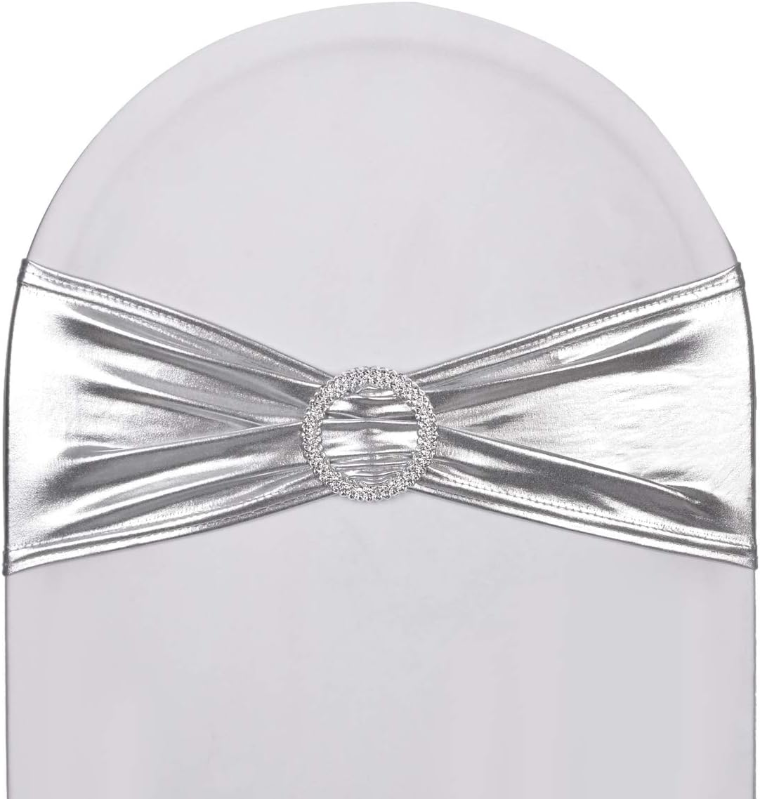 Skiennix Metallic Silver Stretch Chair Sashes - Durable Spandex Fitted Bows for Weddings & Events | 10 Pack