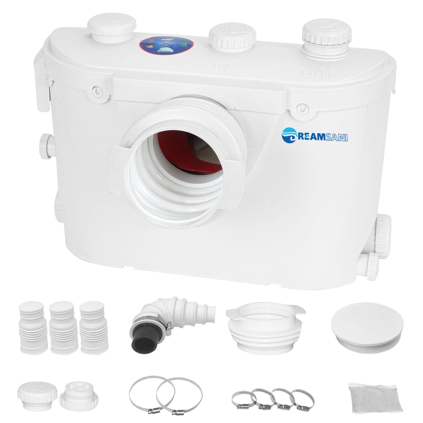 Dreamsani 500W Macerator Pump for Macerating Toilet Upflush Waste Water Marine Sewerage Pump with 4 Water Inlets Toilet Disposal Laundry Sink Shower