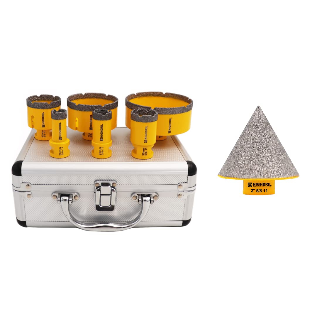 HIGHDRIL Diamond Drill bits kit with 5/8-11 Vacuum Brazed Hole Saw(20/25/35/50/75/100mm) &Diamond Beveling Chamfer Bits 2" for Existing Hole Trimming Finishing Cleaning Enlarging Marble Porcelain Tile