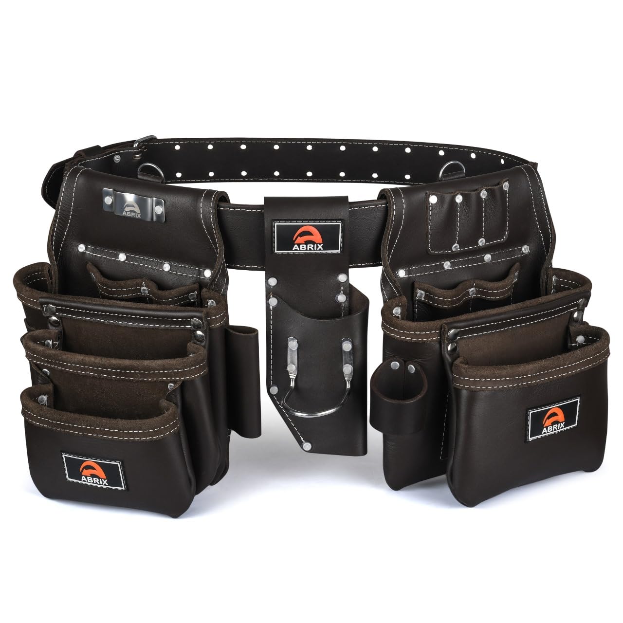 ABRIX Heavy Duty Tool Belt for Men – 4MM Thick Genuine Leather, Brass Buckle & Rivets | Foam Padded Comfort | 28-Pocket Carpenter & Framing Rig | Fits Waist 32 to 52 Inches | Professional Work Belt