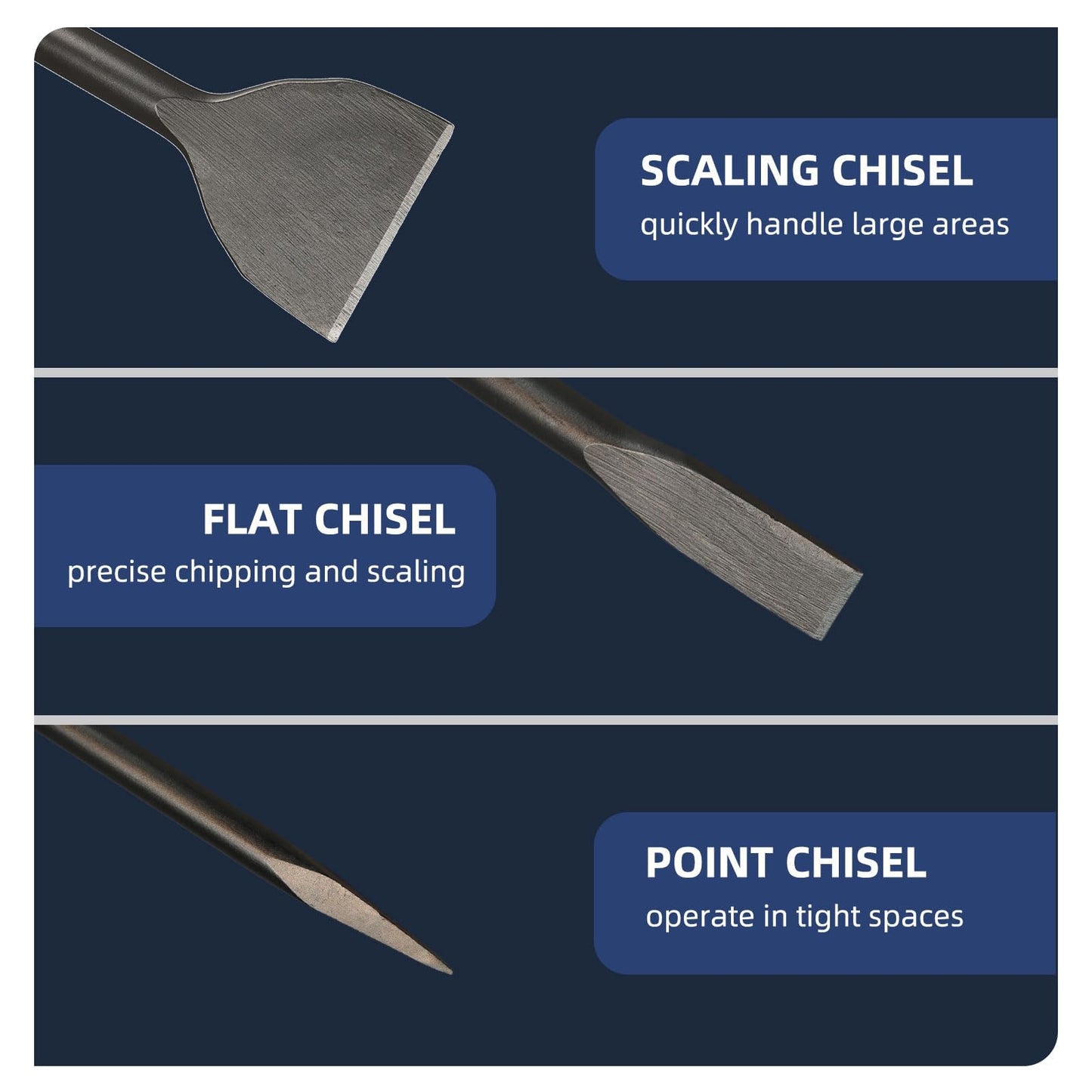 32" SDS Max 3pc Set - 1 Inch Flat Chisel, Point Chisel and 3 Inch Scaling Chisels - Masonry Concrete Drill Bit Set 40Cr Steel SDS Max Bits Rotary Hammer Drill for Brick Stone Concrete