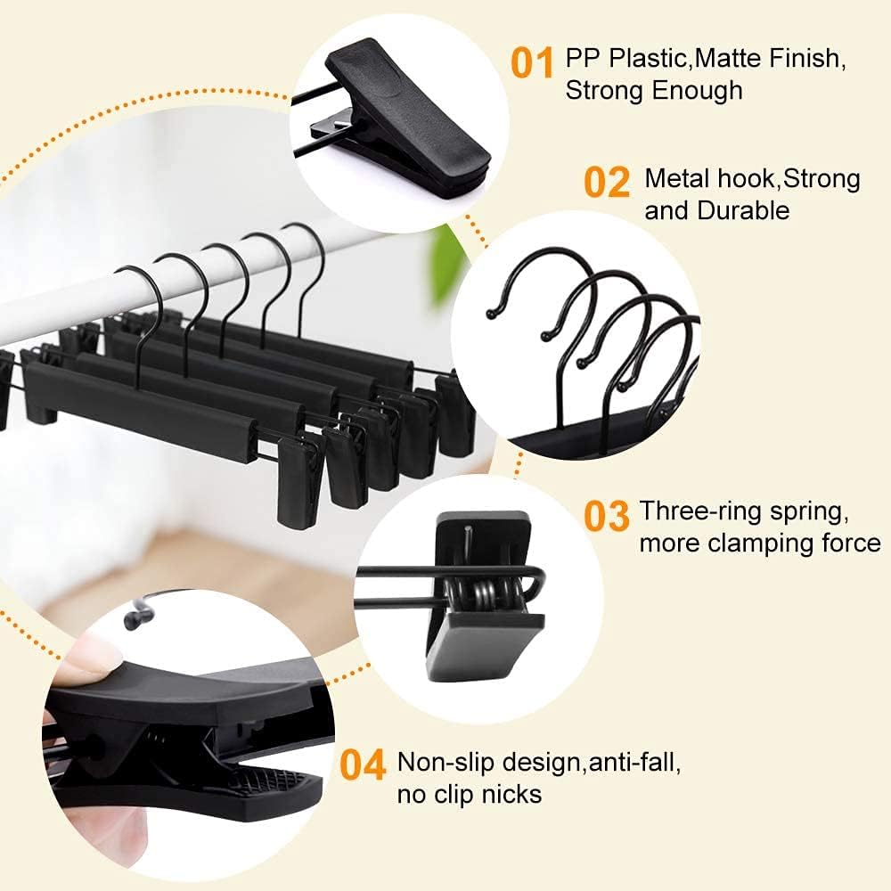 Skiennix Skirt Hangers - Space-Saving Pants Hangers with Clips & 360° Swivel Hooks | 10-Pack, Black