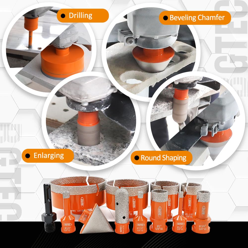 BGTEC Tile Hole Saw Kit Diamond - 12PCS 5/8-11 Thread Drill Bit 6/8/10/19/25/35/50/75/102mm+50mm Chamfer Bit+20mm Finger Bit+SDS Adapter for Pocelian Tile Ceramic Marble Granite Stoneware