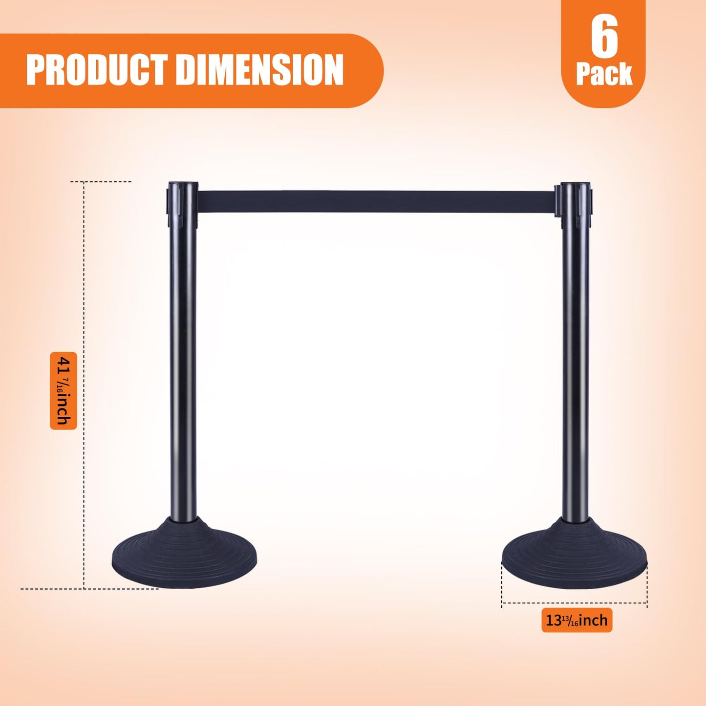VILMON 41" Black Crowd Control Stanchion Set, Stable Heavy-Duty Rubber Base with 10 Feet Retractable Belt Crowd Control Barriers, Retractable stanchions for Outdoor Safety (6 Pack)