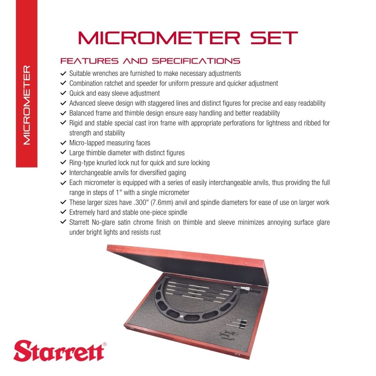 Starrett Interchangeable Anvil Micrometer Set with One-Piece Spindle, Ring-Type Knurled Lock Nut and Satin Chrome Finish - 16-20" Range, 001" Graduation - 224.1ERLZ