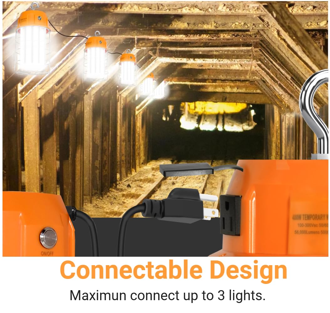 400W LED Temporary Work Light with ON/Off Switch & Hook, 56,000LM 5000K Daylight, Portable Hanging Construction Site Light for Jobsite, Warehouse, Workshop, Outdoor Projects