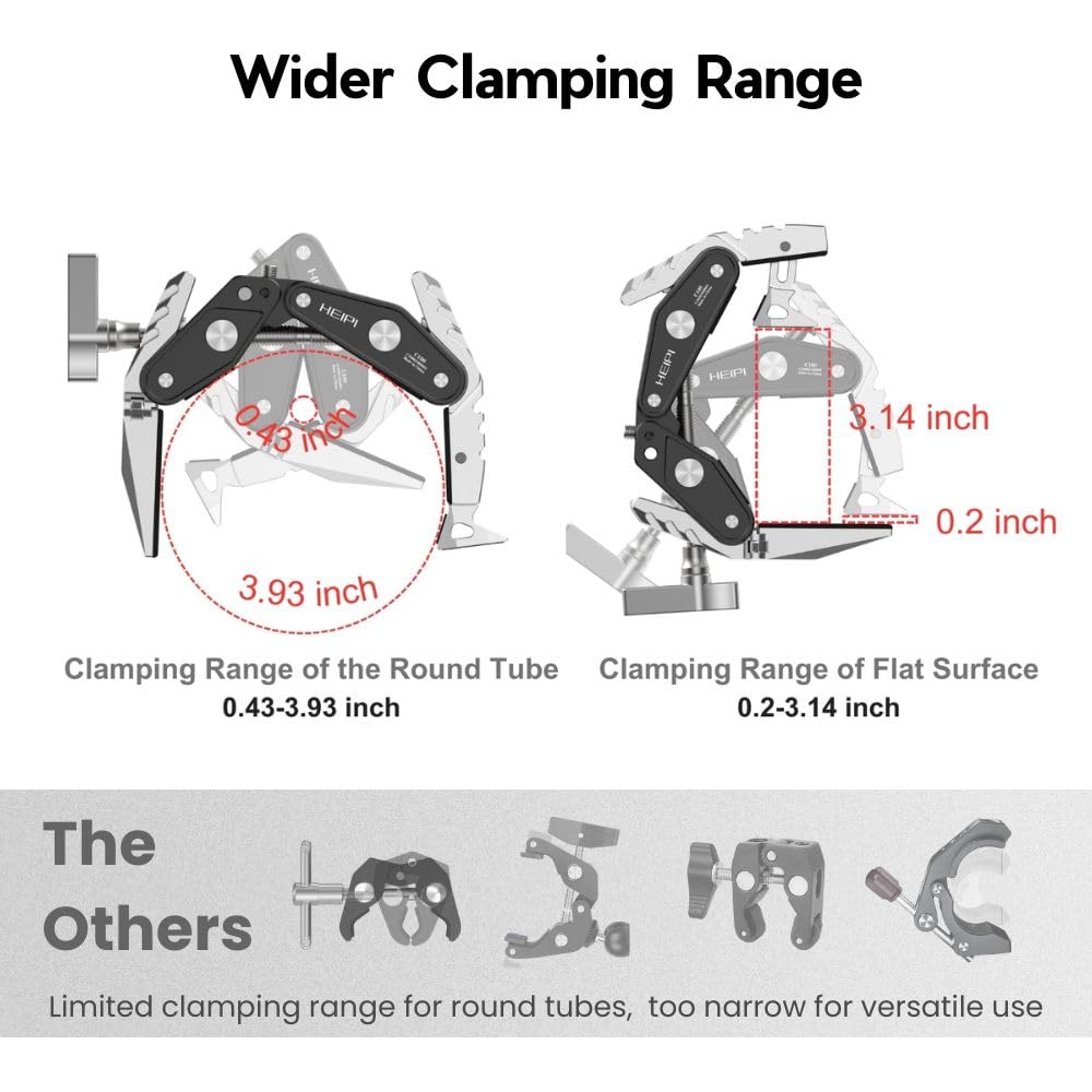 HEIPI Super Clamp Phone Camera Mount Holder 2-in-1 Clamp & Stand Design with 1/4"-20 & 3/8"-16 Screw Mount Adapter Holder Max Clamping 3.93 inch for Tripod Accessories, Phone, Action, DSLR Camera