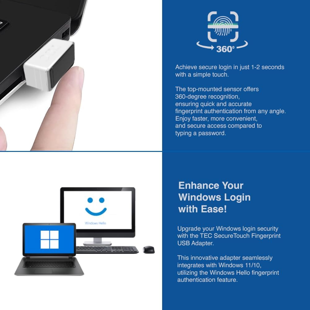 TEC TE-FPA4-MC 360 0.23s SecureTouch USB Fingerprint Reader with ESS Enhanced Sign-in Security Match-On-Chip