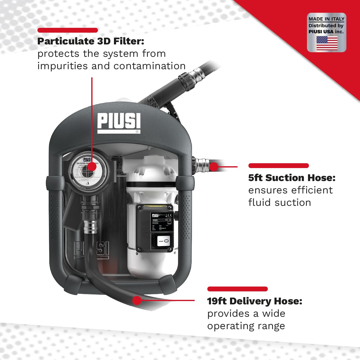 Piusi THREE25 DEF Transfer Pump Kit 9 GPM Equipped with Filter, 19 ft Discharge Hose, Automatic Nozzle with Meter Specifically Designed for IBC Tanks (AC 120V)