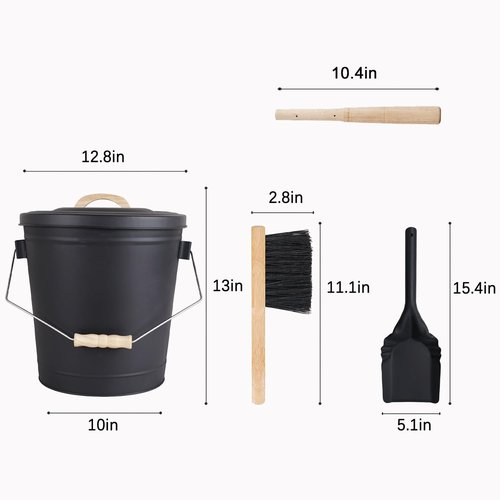 Annie Garden Ash Bucket with Lid and Shovel, Hand Broom and Stick, 5.2 Gallon Large Metal Ash Bucket for Fireplace Tools Set, Fire Pits, Wood Burning Stoves, Indoor and Outdoor, Camping, Grill, Black