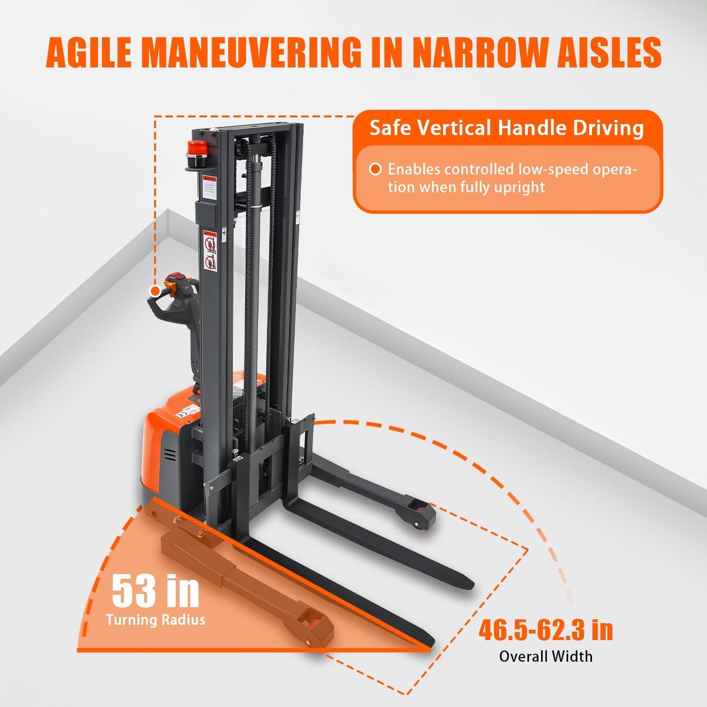Tory Carrier Full Electric Walkie Stacker Material Lifts with Straddle Legs 98 inches Lifting Height with Adjustable Forks 3300lbs Capacity