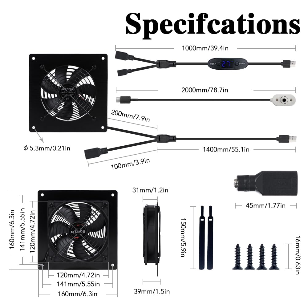 Xiaoqijia 120mm Temperature-Controlled USB/DC Silent Cooling Fan - 5V/12V Dual Voltage,6-Inch, 10-Speed Adjustable - for AV Cabinets, Server Racks, Greenhouses & RVs