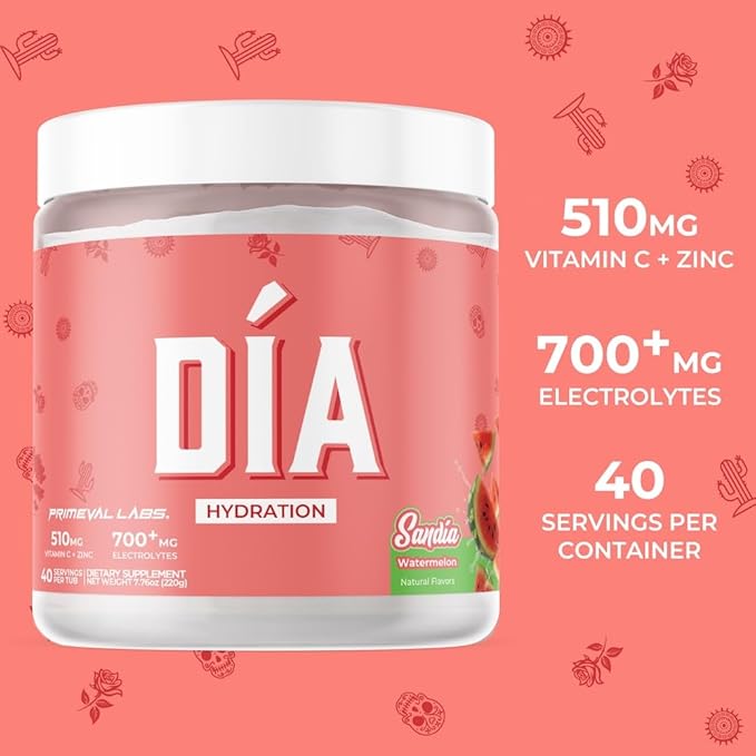 Primeval Labs Dia Hydration Electrolyte Powder | Vitamin C + Zinc, Taurine & Electrolytes | Low Sugar Daily Hydration Drink | 40 Serving Tubs | Sandia