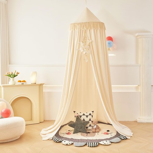 Mengersi Kids Bed Canopy with Tassel,Bed Canopy for Girls Boys Room Tent,Baby Crib Hanging Curtain-Bedroom Privacy Space Sleeping Tents Gifts,Ivory