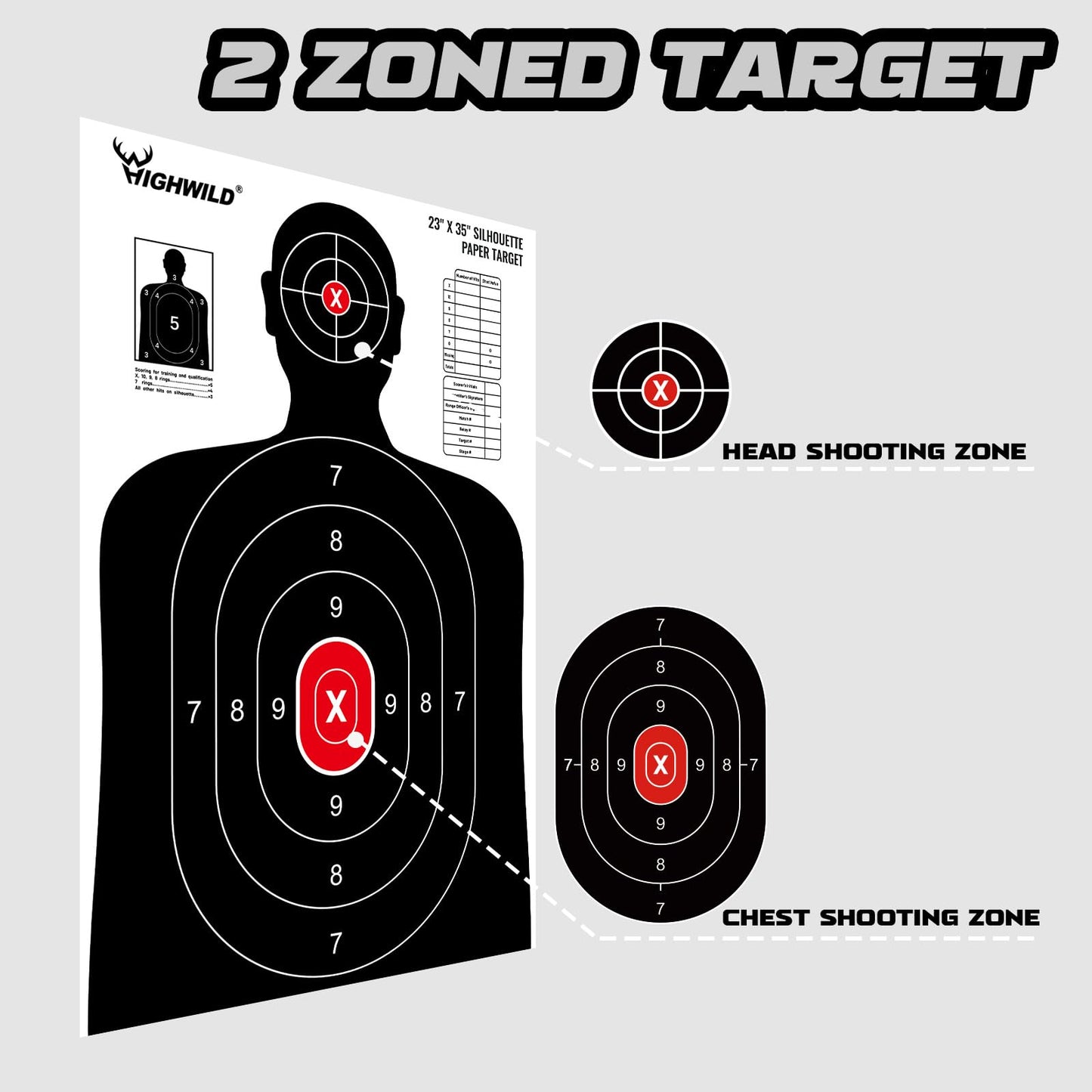 Highwild Shooting Range Silhouette Paper Target - 23X35 Inches - Suitable for Handguns, Rifles, Airguns, BB Guns (20 Pack, White & Black)