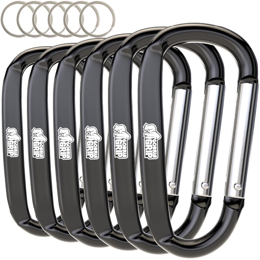 GORILLA GRIP Carabiner Clip, 3" D Ring, Pack of 6 Heavy Duty Aluminum Key Holder Clips Hold 170lbs, Rust, Scratch-Resistant Camping Essentials, Hiking Gear, Tactical Backpacking Keychains, Black