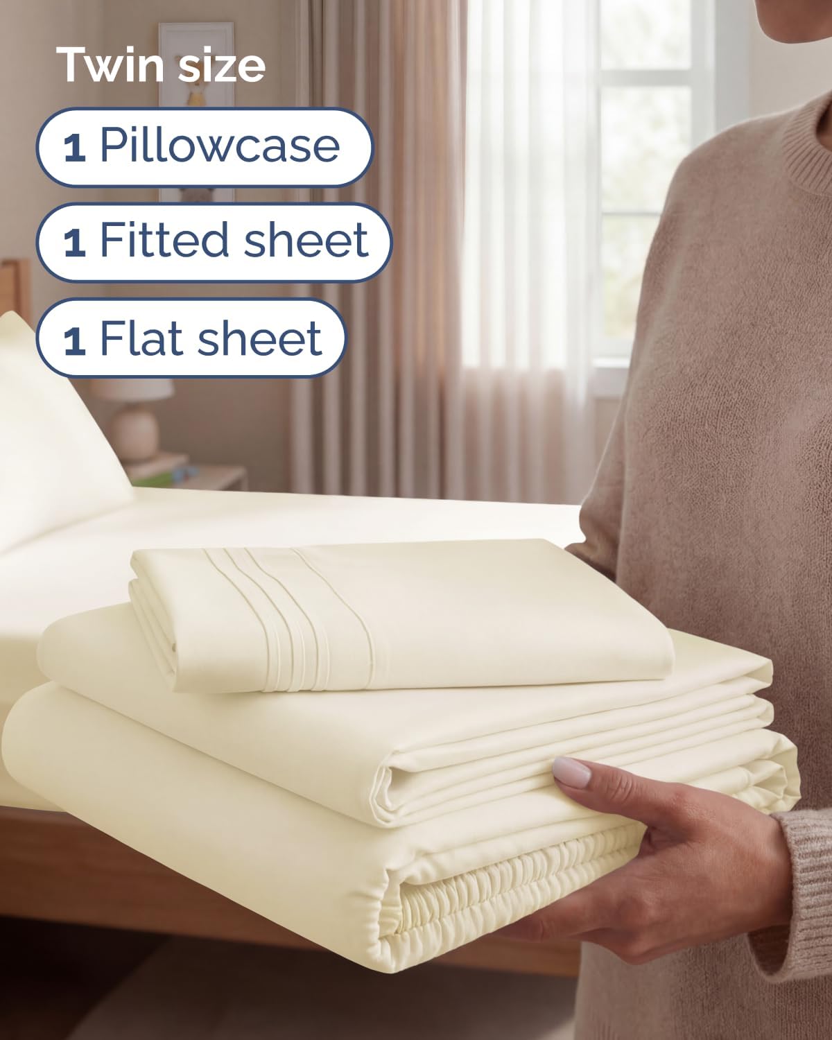 Comfy Twin Size 3-Piece Sheet Set | Breathable & Cooling Hotel Luxury Bedding - Ultra-Soft, Deep Pockets, Off White
