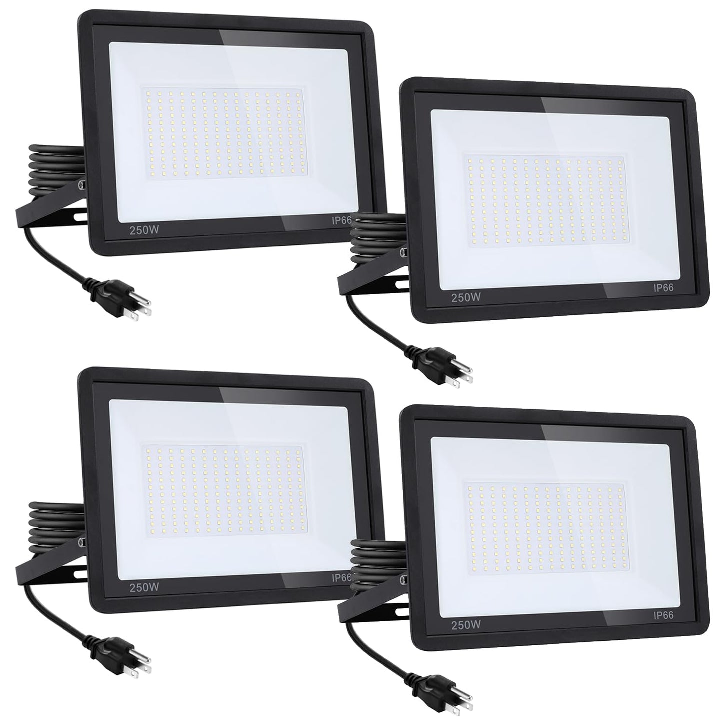 4Pack-250W LED Flood Light Outdoor,27500lm LED Work Light with 6FT US Plug,IP66 Waterproof Exterior Security Lights,6000K Daylight White Outside Floodlights Slim design for Playground Yard Stadium