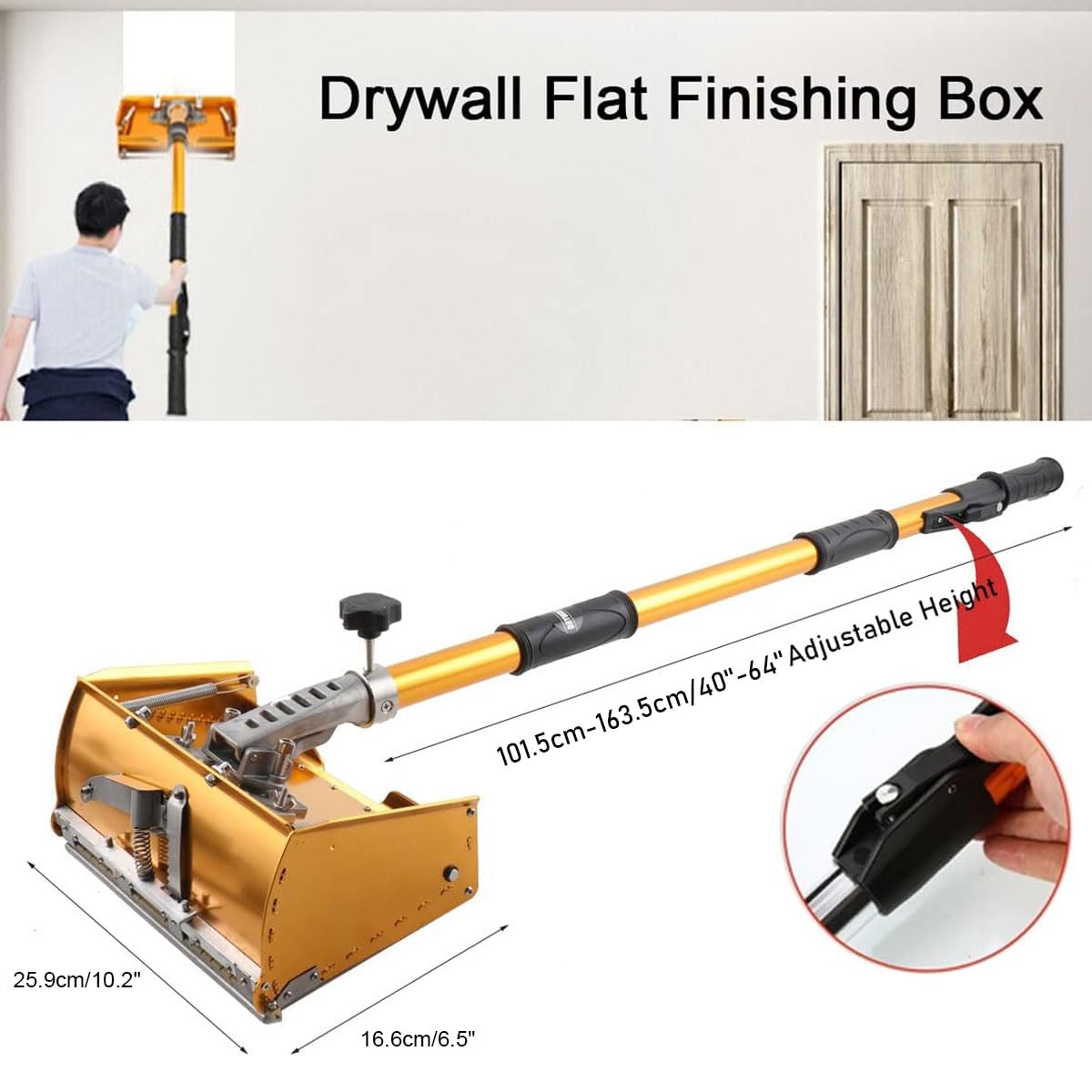 EWANYO 10 inch Drywall Flat Finishing Box with Extension Handle Adjustable Height 40''-64'', Aluminum Drywall Flat Finishing Box Tool Finishing Mud Box for Plasterboard Wallboard Sheetrock