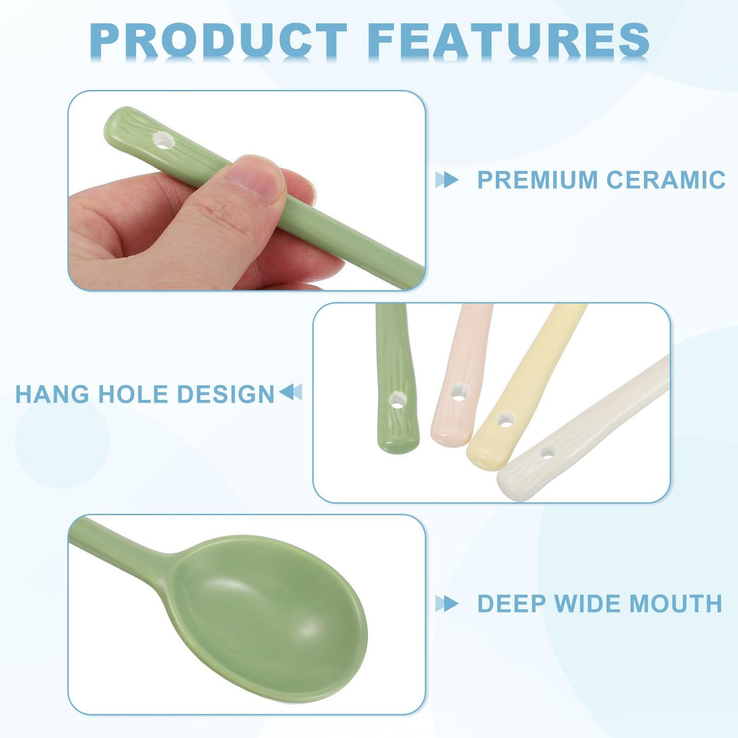 uxcell 1 Set Ceramic Soup Spoons, Long Handle Dinner Serving Spoon for Soup, Noodles, Dumplings Yellow/Green/White/Pink