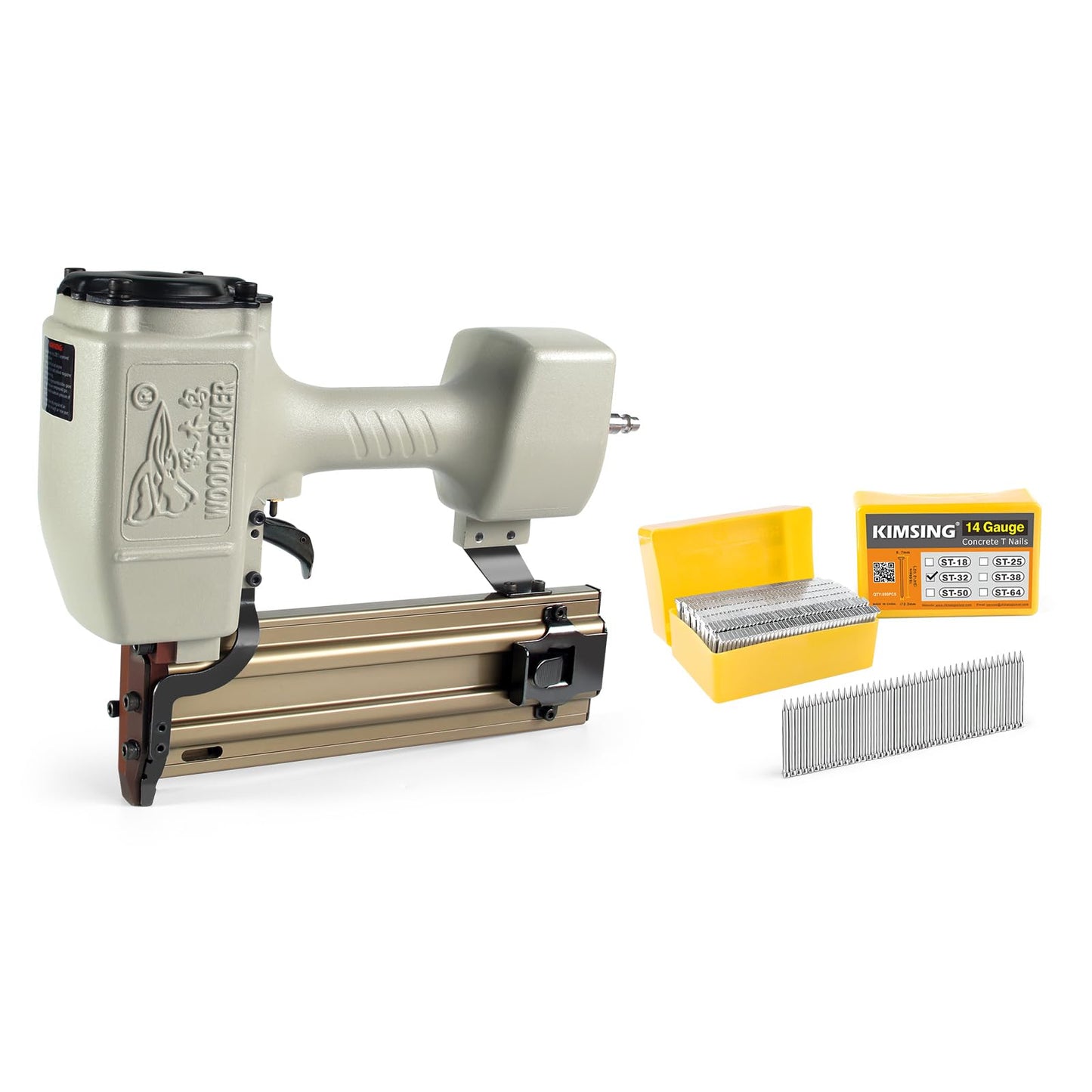 WOODPECKER ST64 Pneumatic Concrete T Nailer Kit with 1-1/4-Inch (32mm) T Nails × 800PCS