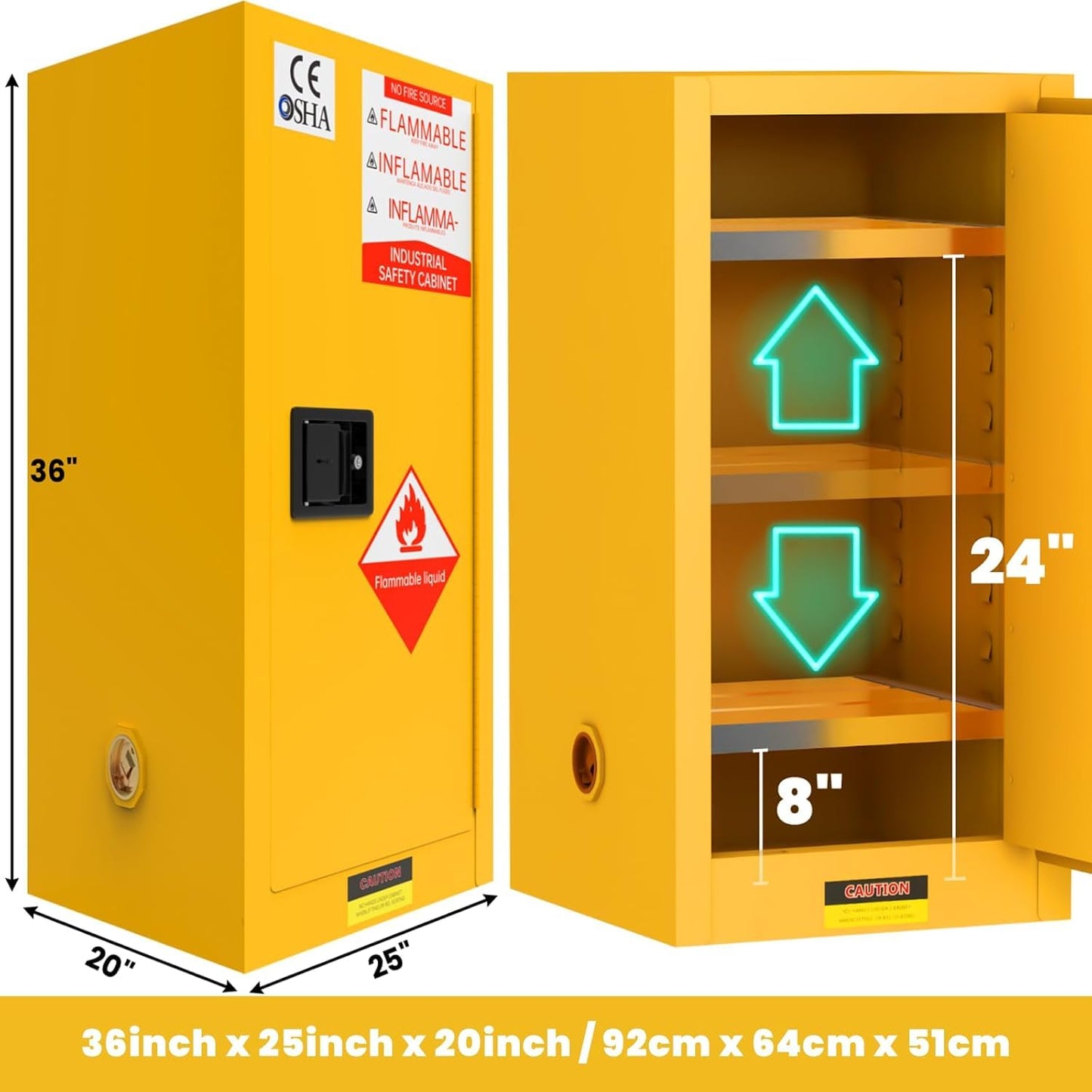 BLUEIAN 36" x 25" x 20" Flammable Storage Cabinet, 45 Gallon OSHA Fire Cabinet with ESD Grounding Cable, Stainless Steel Adjustable Shelf Flammable Safety Cabinet for Fireproof Chemical Storage