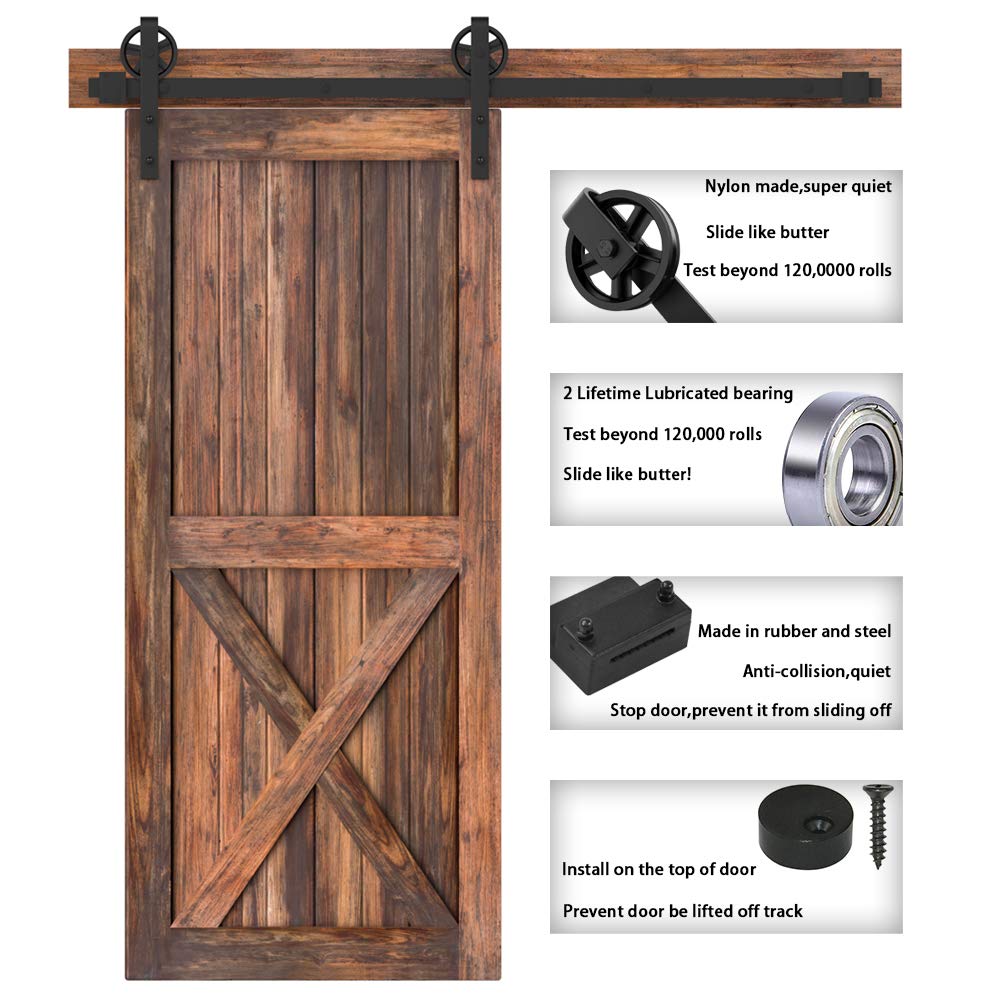 WINSOON 5-16FT Single Wood Sliding Barn Door Hardware Basic Black Big Spoke Wheel Roller Kit Garage Closet Carbon Steel Flat Track System (6.6FT)