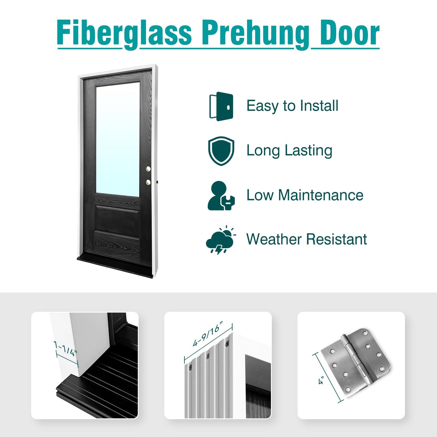Black & White Dual Finish Fiberglass Entry Door, Prehung 36"x80" Exterior Door with 3/4 Lite Clear Glass, Brickmould & Trim Included, Left Hand Inswing