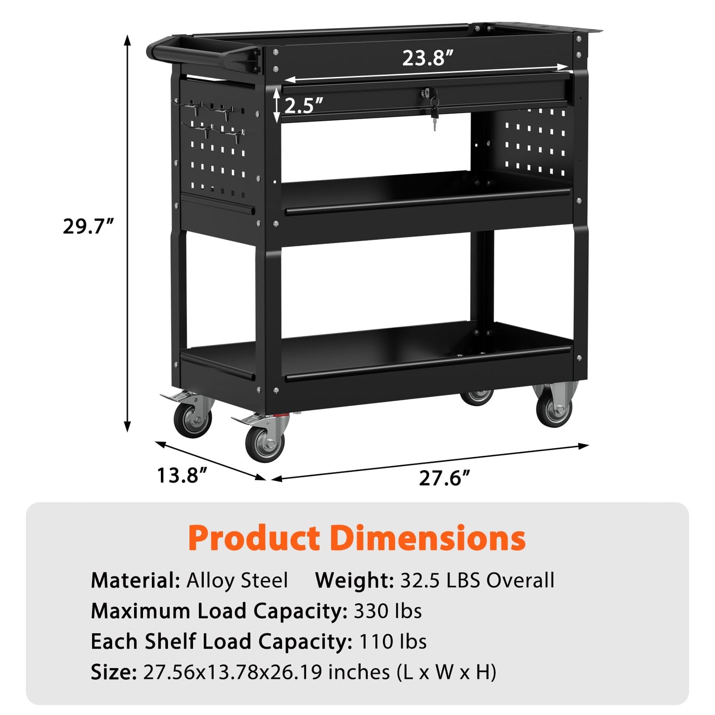 Granper 3 Tier Heavy Duty Rolling Tool Cart with Drawers, Large Storage Utility Cart on Wheels for Garage, Warehouse, Repair Shop (Black)