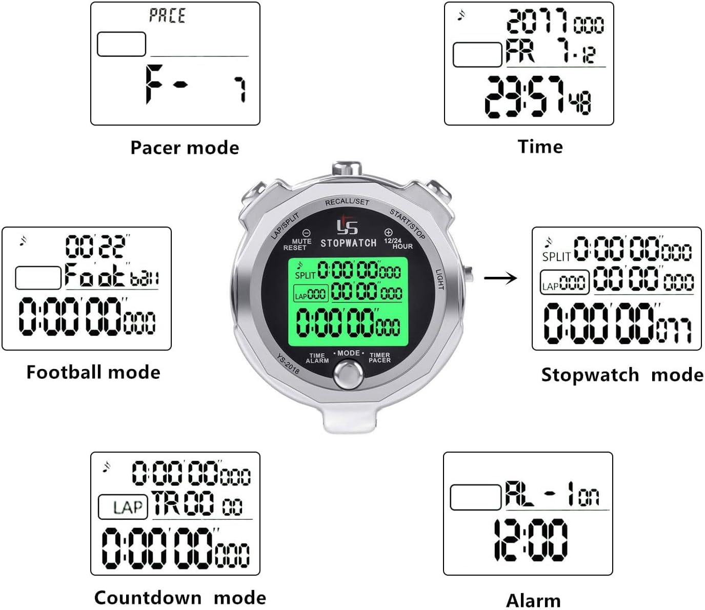 Stopwatch Timer with Back Light Digital Stop Watch 0.001second Timing, Metal 100 Lap Memory,Large dispaly Alarm Clock for Coach Sports Running Marathon Competition