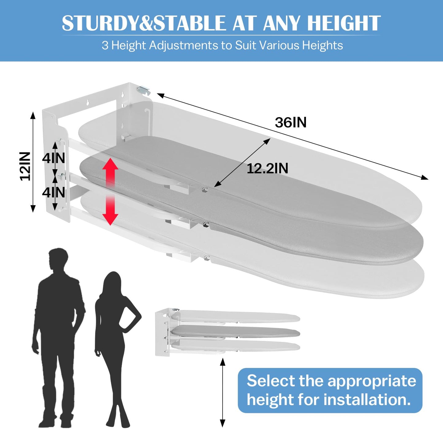 Wall Mounted Ironing Board Adjustable Height, 36 x 12 Inch Fold Away Iron Board Wall Mount Space-Saving Ironing Board with Removable Heat Resistant Cover for Small Spaces Home Laundry Room
