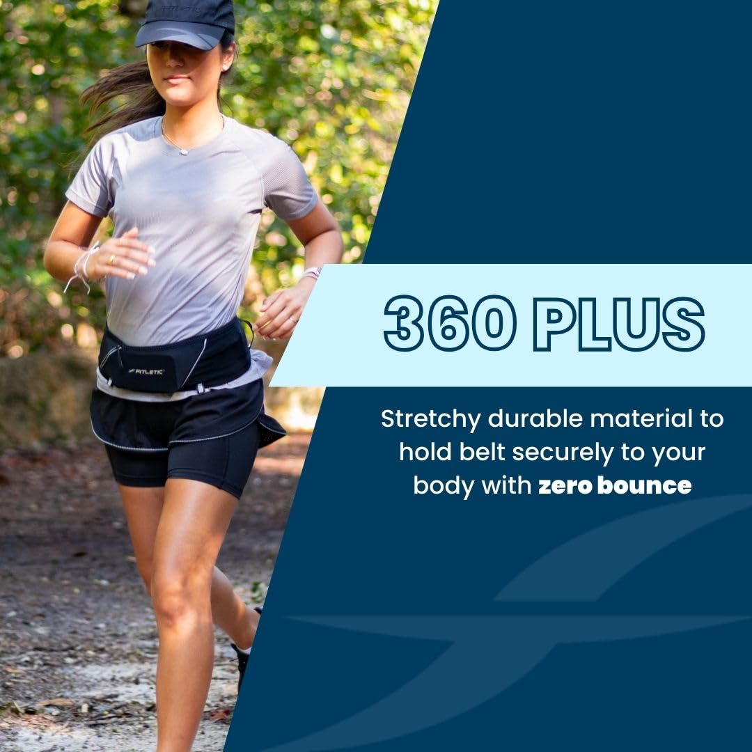 Fitletic 360 Plus Running Belt – Step-In Waist Pack – Fits iPhone 17 Pro Max & Galaxy S26 Series – Built-in Trekking Pole & Race Bib Holder – Trail, Hiking & Marathon Hydration – Black
