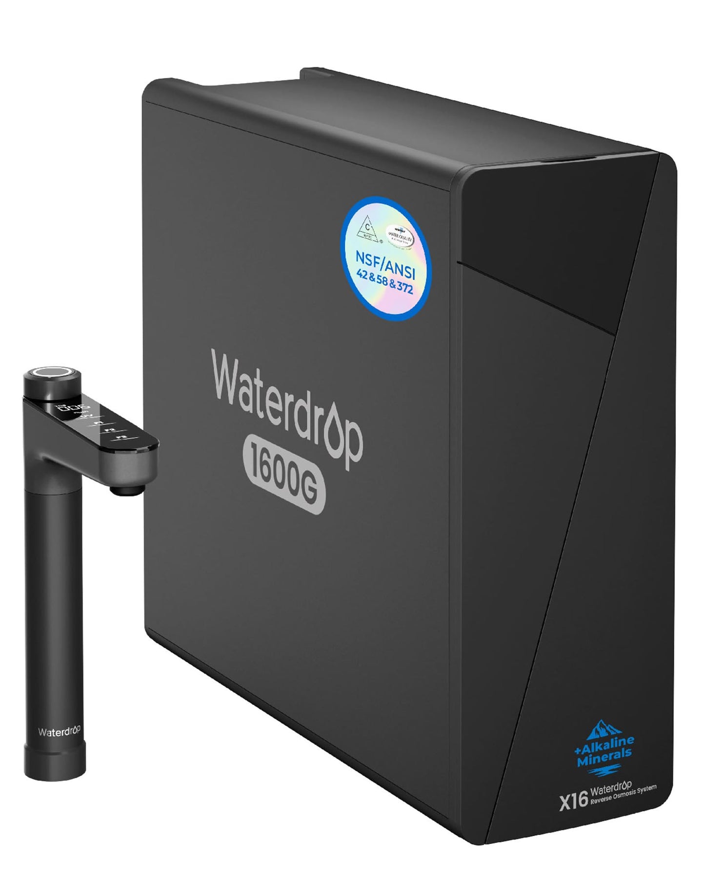 Waterdrop X16 Tankless Reverse Osmosis System, Alkaline Mineral, NSF/ANSI 42&58&372 Certified, 1600 GPD RO System, 11-Stage Filtration, UnderSink, 3:1 Pure to Drain, Smart Black Faucet, BPA Free
