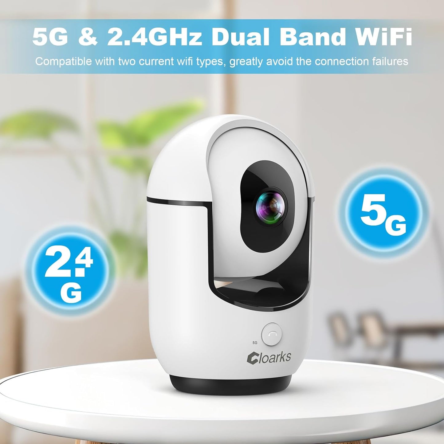 Cloarks 2K 5/2.4 2-Way 24/7, Indoor Camera, GHz WiFi Pan/Tilt Security Camera with AI Motion Detection, One-Click Call